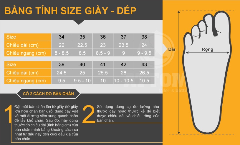 BẢNG THÔNG SỐ CHỌN SIZE GIÀY DÉP CHUẨN