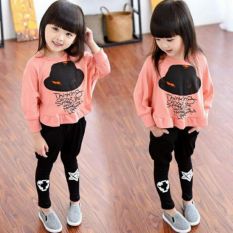 Bộ thun cotton mũ hồng bé gái